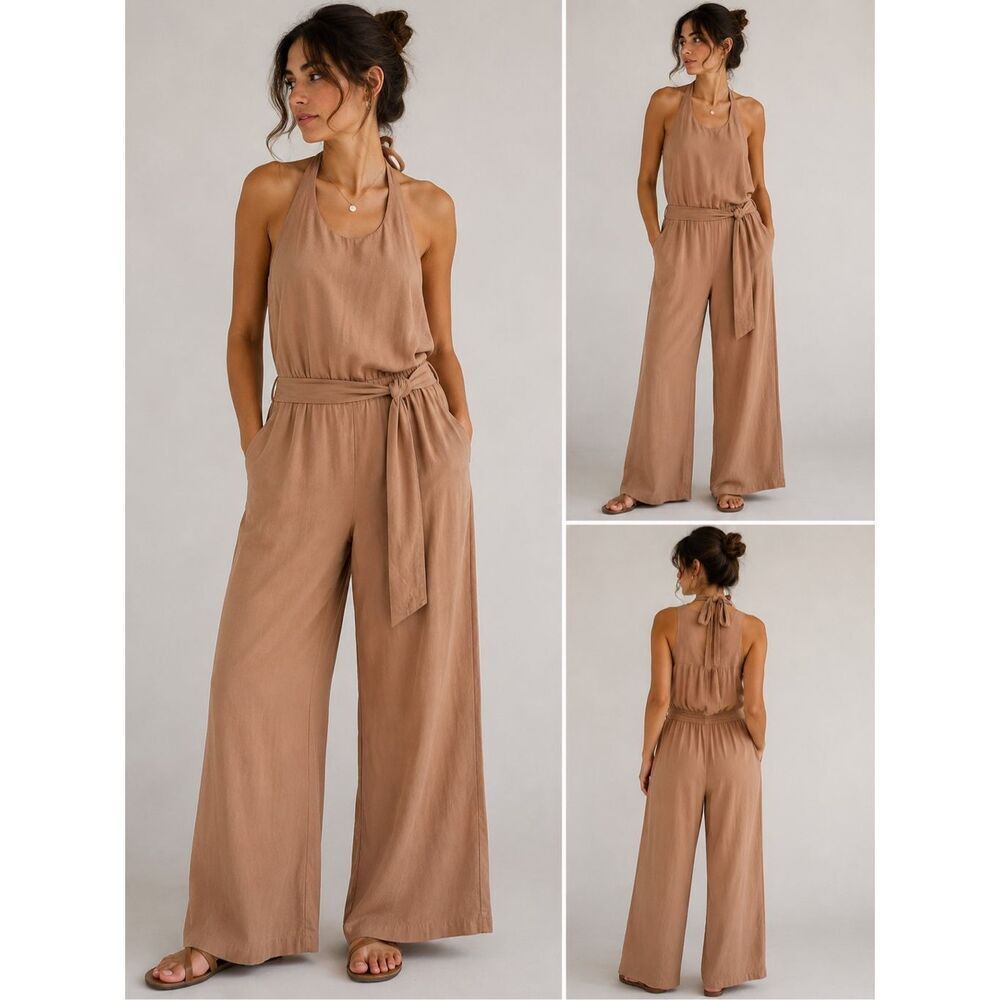 ZARA Linen Blend Halter Jumpsuit Wide Leg Belted Nude Beige Size M